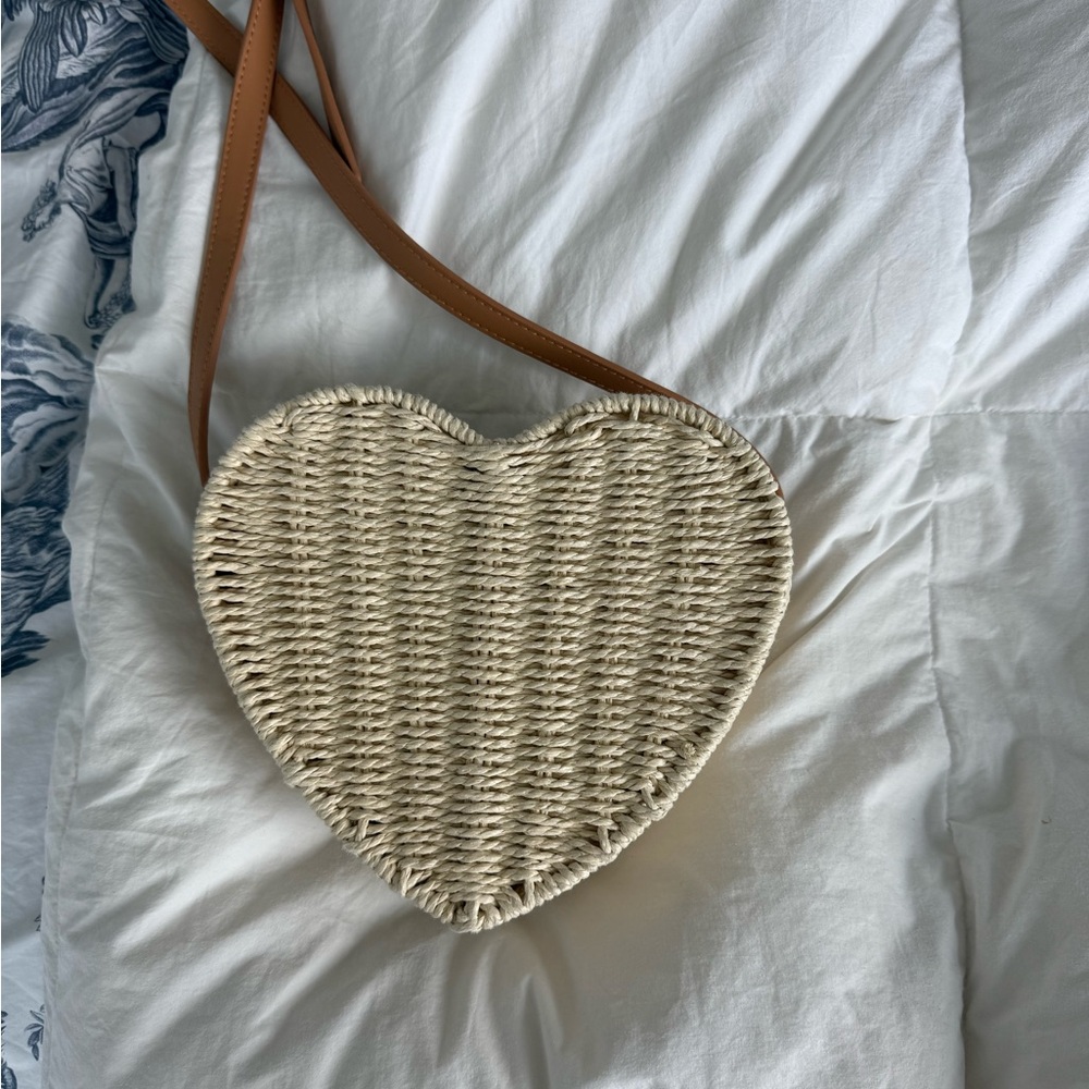 Heart-Shaped Woven Bag with Tan Strap